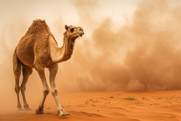 a camel walking in the desert with a dust cloud behind it