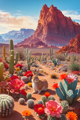Desert landscape with flowering cactuses rabbit