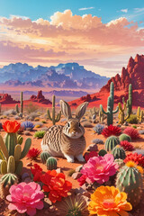 Desert landscape with flowering cactuses rabbit