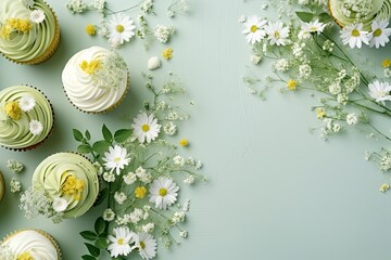 Cupcakes decorated with wildflowers in sage green and apothecary aesthetics. Generative AI technology