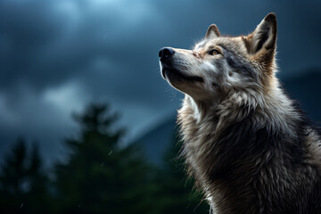 a wolf is looking up at the sky