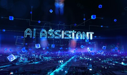 AI Assistant- businessman working and touching with augmented virtual reality at night office.