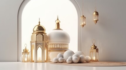 Obraz premium Ramadan celebration illustration template with Arabic lantern with elegant color. copy space. banner decoration background. 