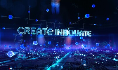 Create Innovate - businessman working and touching with augmented virtual reality at night office.