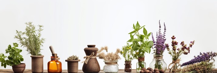 Herbal apothecary aesthetic. Jars with dry herbs and flowers on a beige background. With Generative AI technology - obrazy, fototapety, plakaty