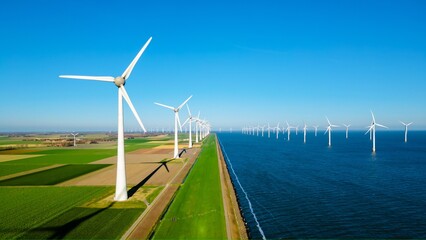 offshore windmill park with clouds and a blue sky, windmill park in the ocean aerial view with wind...