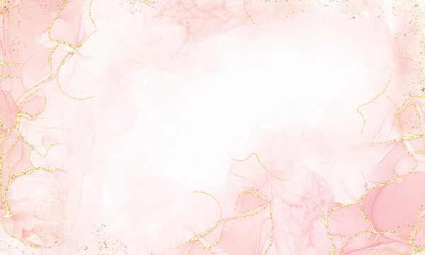 Pink alcohol ink mixed with glitter gold pattern elegant abstract ink flow art with translucent background.