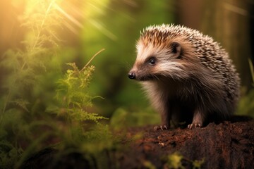 Naklejka premium Cute adult hedgehog in summer or autumn forest. Young beautiful hedgehog in natural habitat, outdoors in nature.
