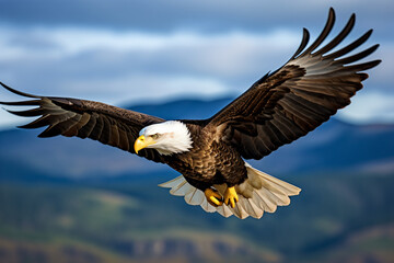 Obraz premium a bald eagle flying in the sky with mountains in the background