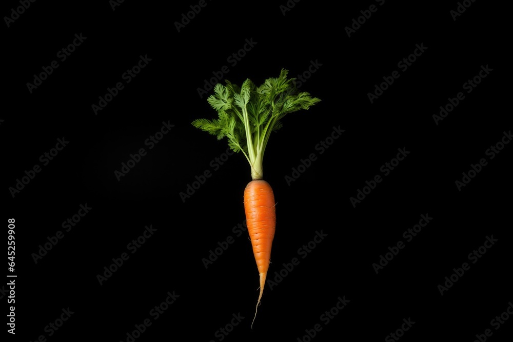 Wall mural Fresh carrot with green leaves isolated on black background. Healthy food and vegetables