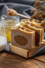 Organic authentic handmade craft milk honey soap. Concept of natural eco friendly cosmetic products for skin care