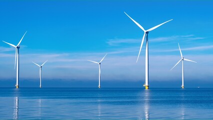 offshore windmill park with clouds and a blue sky, windmill park in the ocean aerial view with wind turbine Flevoland Netherlands Ijsselmeer. Green Energy in the Netherlands © Chirapriya