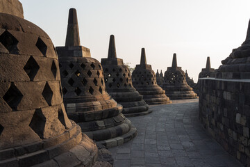 Side view at sunrise on Borobodur pagoda in Java Indonesia