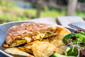 Toasted sandwich with cheese and vegetables, chips and salad, focus on the bread.