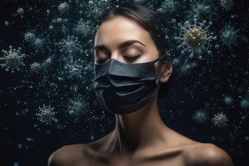 portrait of a woman wearing mask with viruses particle 