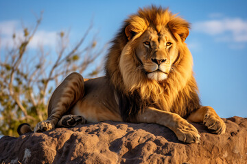 a lion laying on a rock with a blue sky in the background
