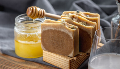 Organic authentic handmade craft milk honey soap. Concept of natural eco friendly cosmetic products for skin care