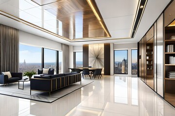 Design a luxurious penthouse with a grand double-helix staircase made from exquisite materials like marble and brass