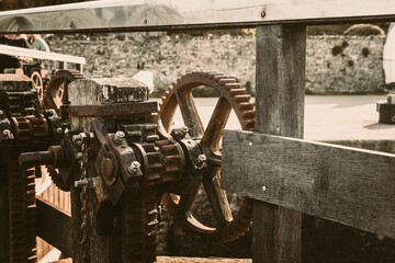 Gear construction on an old woden bridge that can be opened