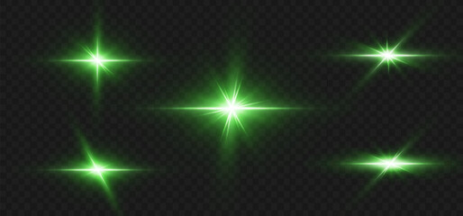 Green star. Bright shine. Twinkling star. Emerald. Firefly.Vector illustration.