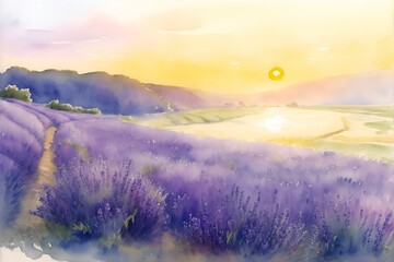 Watercolor lavender field. AI generated illustration