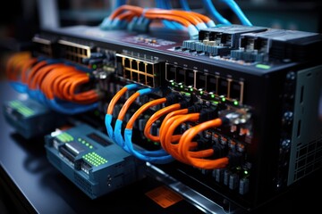 Server room with switch, internet cables and wires. Fiber optic equipment in data center. Network background. - 645261120