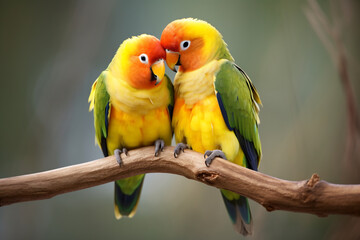 two yellow and green birds sitting on a branch - Powered by Adobe