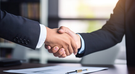 Conclusion of agreement, contract. Close-up of two hands shaking in an office. Concept of business, finance, job, online shopping or sales, employment. With copy space 