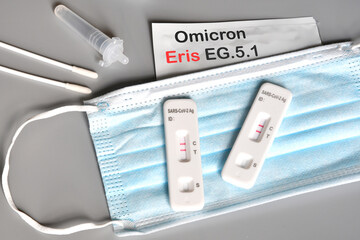 SARS-CoV-2 antigen test kit for self testing with positive result with text ERIS EG.5.1 on grey background. Concept for the new Covid 19 ERIS Variant