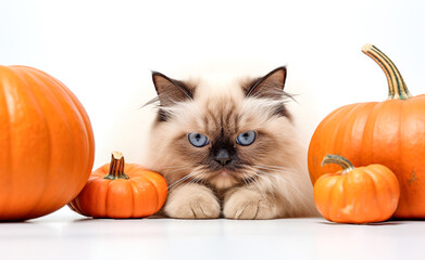 Funny fluffy Himalayan cat posing with Halloween pumpkins on a white background. Kitten and pumpkin are showcased on a white backdrop.  Halloween holiday season;  festive Thanksgiving Day vibe