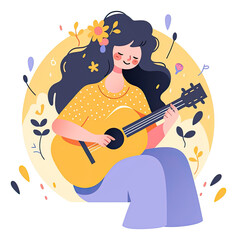Cute woman playing guitar with flowers cartoon isolated.