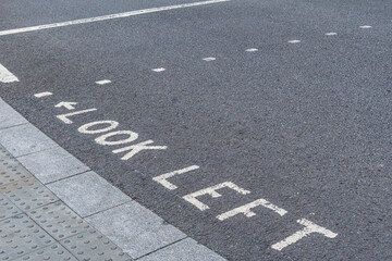Look left warning at a pedestrian area in London