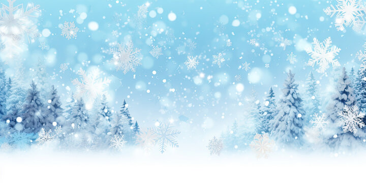 Winter season landscape, snowy forest, falling snowflakes, simple snow banner background