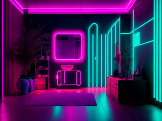 Interior of stylish living room with neon lighting