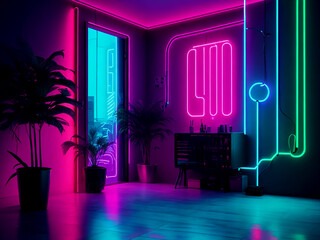 Interior of stylish living room with neon lighting