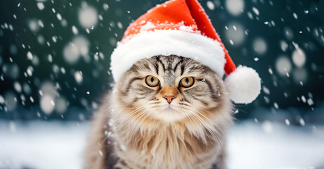 A funny cat is wearing a red Santa Claus hat in a scene of a winter landscape with falling snow. Christmas and New Year Holidays, digital ai
