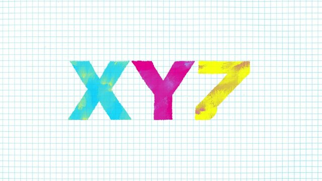 XYZ letters big forming cartoon animation CMY on grid. Hand drawn alphabet letters bold educational style for children evercise book crayon style. Crazy doodle motion.