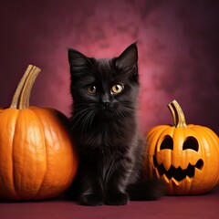 Happy Halloween, cute black cat with pumpkin Jack-o-Lantern pumpkin