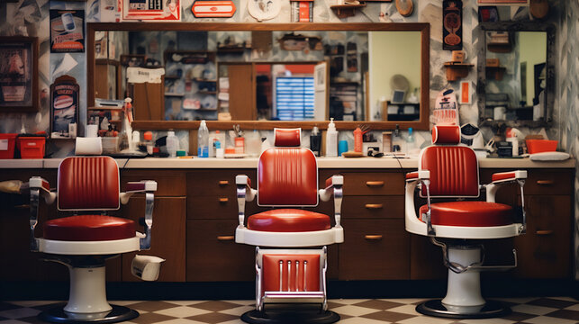 Interior of a Retro Barber Shop with leather chairs. Ai generative.