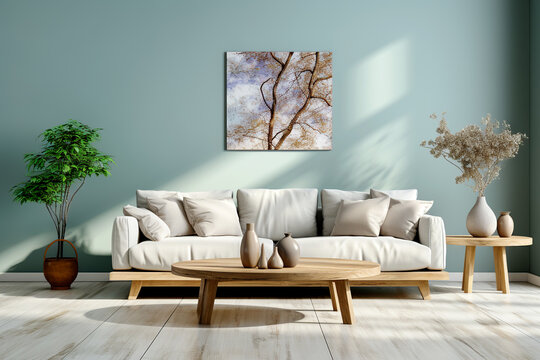 Fototapeta Rustic round coffee table near white sofa against turquoise wall. Scandinavian home interior design of modern living room.
