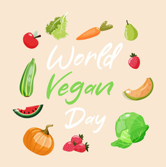 World vegan day poster on beige background. Colourful hand drawn fruits and vegetables vector design.