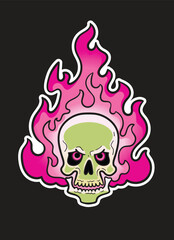 Skull in flame. traditional Tibetan art style flame. Cartoon vector clip art isolated. Girl design for stickers, t-shirt, print, copybook, etc. 