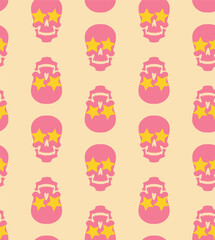 Fun colorful backdrop with pink human skulls, stars, and hearts. Cute lovely seamless vector pattern. Funky design for parties. 