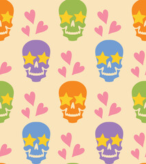 Fun colorful backdrop with colorful human skulls, stars, and hearts. Cute lovely seamless vector pattern. Funky design for parties.  - 645262390