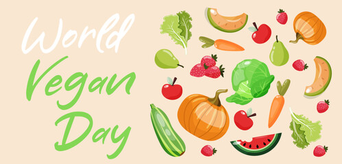 World vegan day banner with colourful fruits and vegetables. 