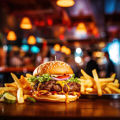 Big Burger meal tasty hamburger with french fries, beef cheese tomatoes in restaurant fast junk food evening dinner cafe background
