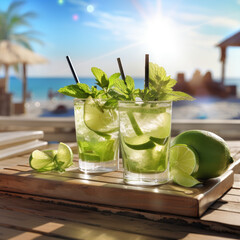 Mojito cocktails in cocktail glass with juice white rum mint near swimming pool resort beach bar. Summer holiday vacation beach party