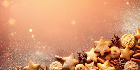 Festive banner with homemade cookies, sugar powder, neutral background, tasty bisquits close-up.