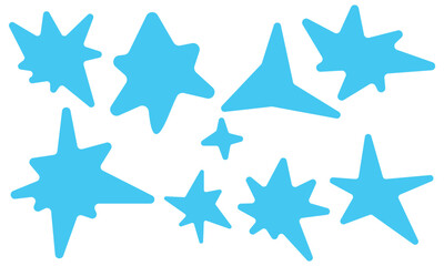 A set of blue rounded stars. Bright sparks in the sky, the symbol of fireworks, the glow of a star. Shimmering decoration, glowing light effect, bright flash. Vector illustration of isolated flicker