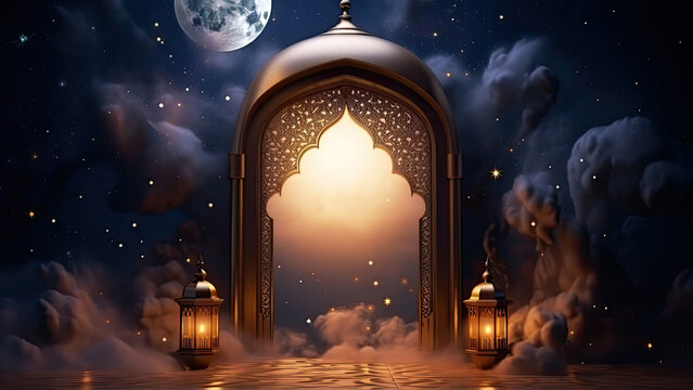 Ramadan celebration illustration template with Arabic lantern. copy space. banner  decoration background. 
